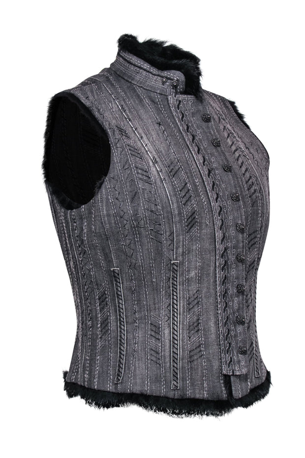 Current Boutique-Elie Tahari - Gray Denim Embroidered Vest w/ Rabbit Fur Sz M