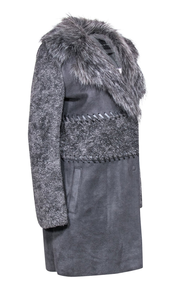 Current Boutique-Elie Tahari - Grey Faux Suede & Fur Longline Coat w/ Lace-Up Trim Sz M