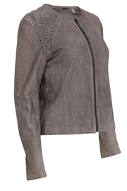 Current Boutique-Elie Tahari - Grey Suede Zip-Up Jacket w/ Stitched Trim Sz M