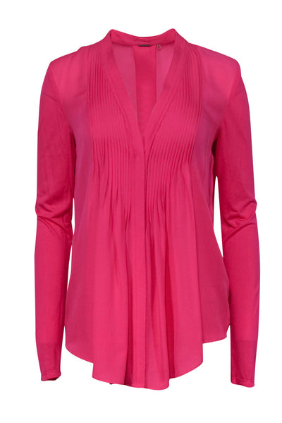 Current Boutique-Elie Tahari - Hot Pink Pleated Long Sleeve Clasped Silk Blouse Sz S