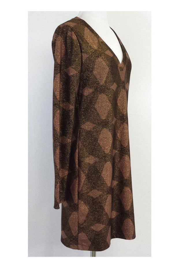 Current Boutique-Elie Tahari - Metallic Bronze & Tan Diamond Print Dress Sz 4