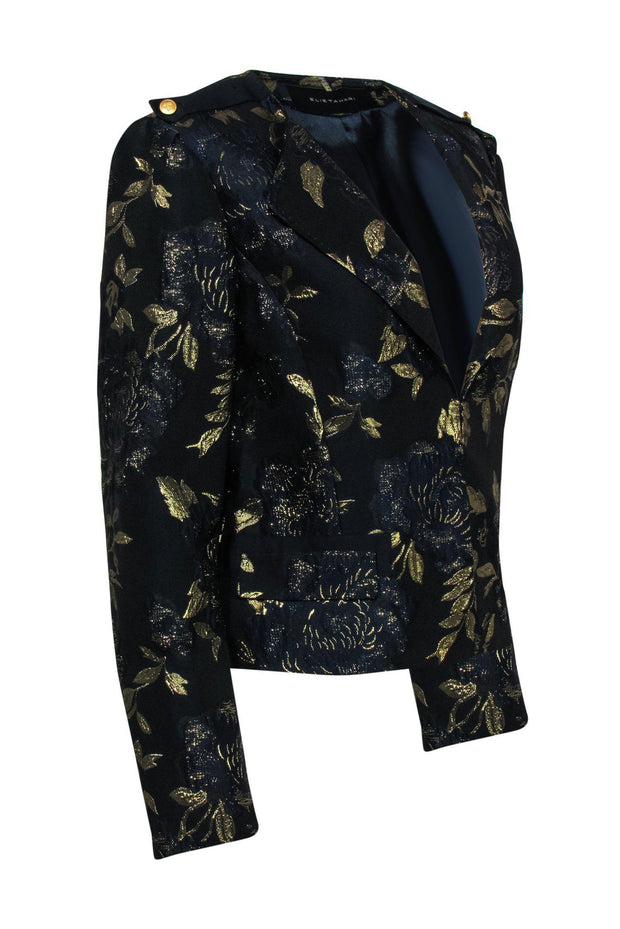 Current Boutique-Elie Tahari - Navy & Gold Floral Textured Jacket Sz M