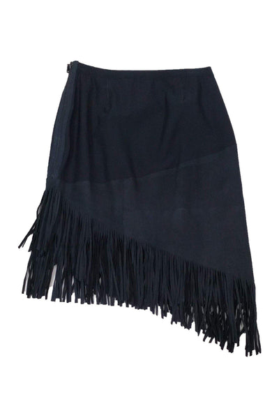 Current Boutique-Elie Tahari - Navy Lamb Leather Fringe Skirt Sz 6