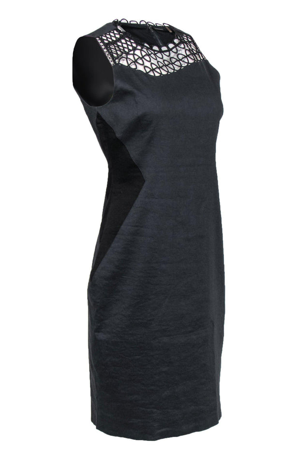 Current Boutique-Elie Tahari - Navy Sleeveless Sheath Dress w/ Black Patchwork & Eyelet Trim Sz 8