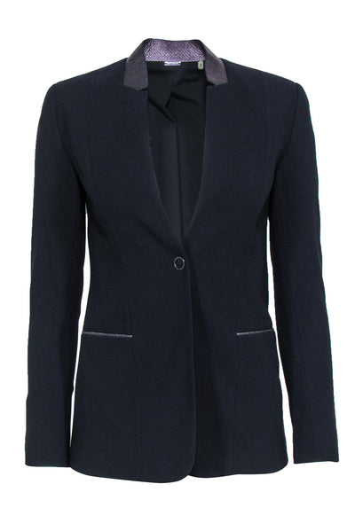 Current Boutique-Elie Tahari - Navy Slim Blazer w/ Embossed Leather Collar Sz 0