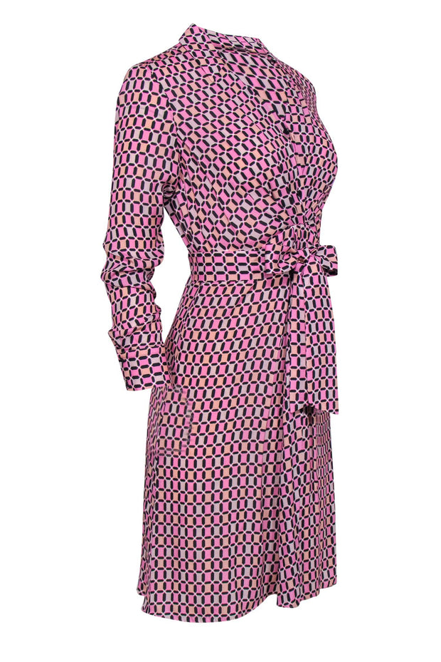 Current Boutique-Elie Tahari - Pink & Black Diamond Printed Collared Midi Dress Sz 2