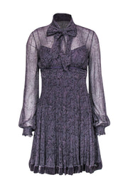 Current Boutique-Elie Tahari - Purple Printed Sheer Silk Shift Dress w/ Velvet Trim Sz 2