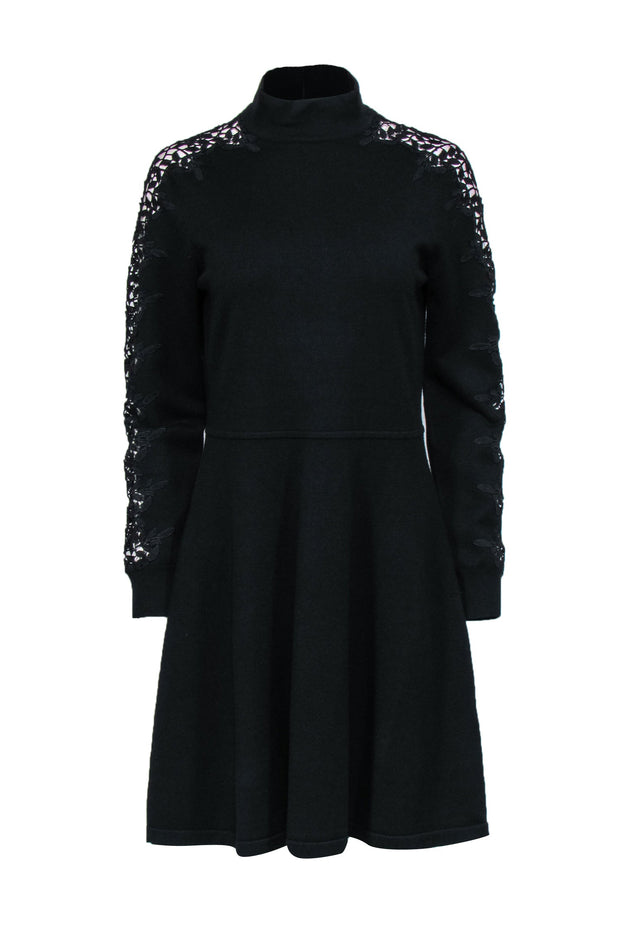 Current Boutique-Eliza J - Black Knit Fit & Flare Dress w/ Lace Sleeve Details Sz L