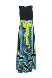 Current Boutique-Eliza J - Black Sleeveless Bodice w/ Blue & Green Print Bottom Maxi Dress Sz 2P