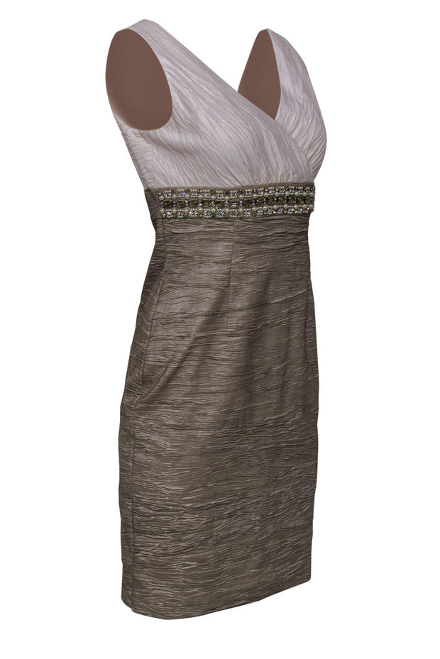 Current Boutique-Eliza J - Blush Pink & Bronze Crinkled Sheath Dress w/ Pearls & Rhinestones Sz 6