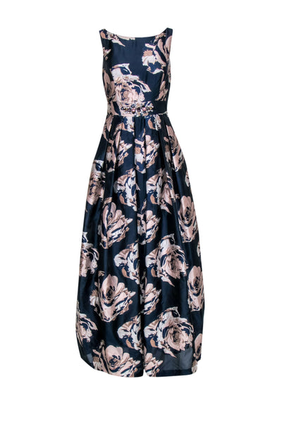 Current Boutique-Eliza J - Navy & Pink Floral Print Puff Skirt Gown Sz 8