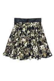 Current Boutique-Elizabeth & James - Black & Olive Floral Print Silk Skirt w/ Leather Waistband Sz S