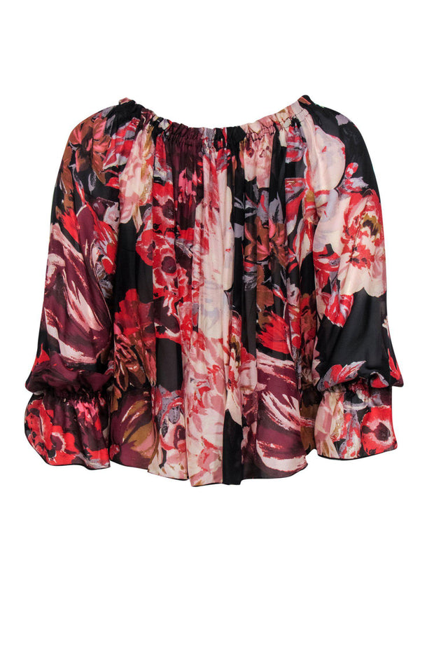 Current Boutique-Elizabeth & James - Black & Pink Floral Silk Peasant Top Sz XS