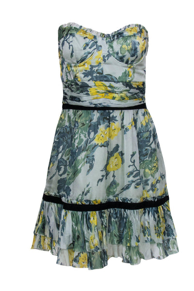 Current Boutique-Elizabeth & James - Green Printed Silk Floral Strapless Dress Sz 4