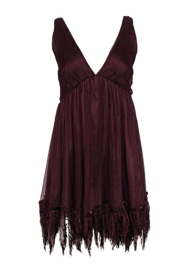 Current Boutique-Elizabeth & James - Maroon Crinkled Plunge Dress w/ Fringe Hem Sz M