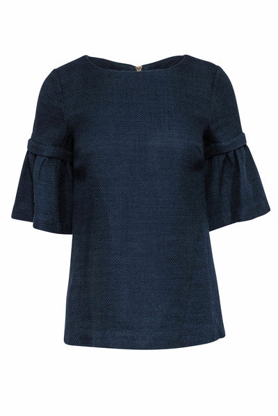 Current Boutique-Elizabeth McKay - Navy Woven Detachable Flounce Sleeve Top Sz XS