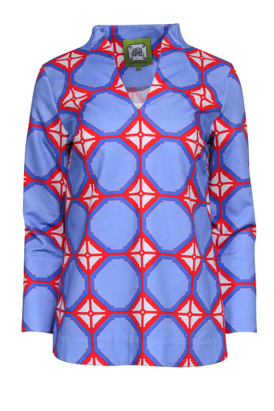 Current Boutique-Elizabeth McKay - Periwinkle, Blue, Red & White Geometric Print Cotton Tunic Sz 2