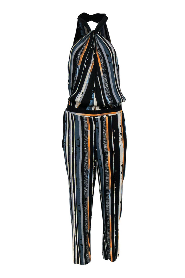 Current Boutique-Ella Moss - Black, Blue & Orange Printed Sleeveless Straight Leg Jumpsuit Sz L