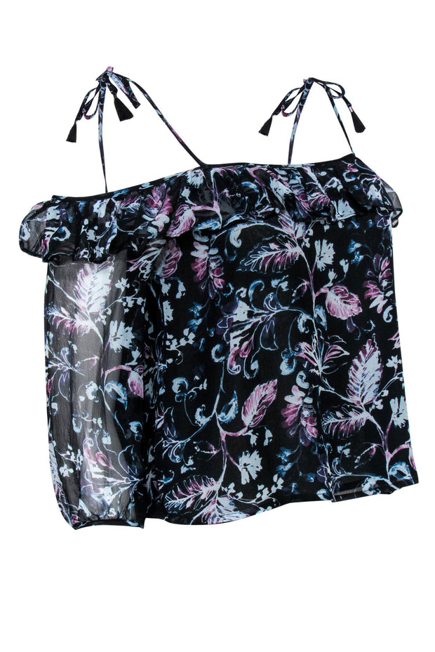 Current Boutique-Ella Moss - Black Floral Silk Open Shoulder Top Sz XS