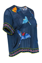 Current Boutique-Elle Sasson - Navy Silk Parrot Beaded Short Sleeve Top Sz 4