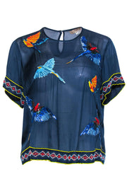 Current Boutique-Elle Sasson - Navy Silk Parrot Beaded Short Sleeve Top Sz 4