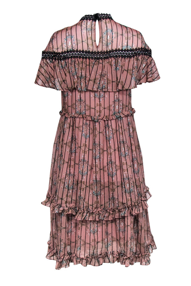 Current Boutique-Elliatt - Pink Floral Print & Striped Tiered "Matinee" Dress w/ Ruffled & Lace Trim Sz L