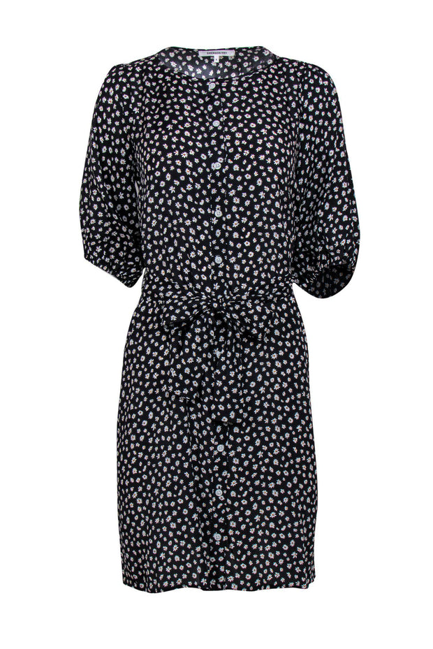 Current Boutique-Emerson Fry - Black Daisy Printed Puffed Sleeve Dress Sz S