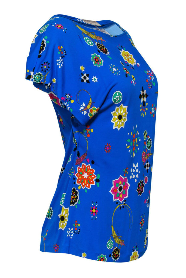 Current Boutique-Emilio Pucci - Blue Geometric & Grasshopper Print Short Sleeve Shirt Sz M