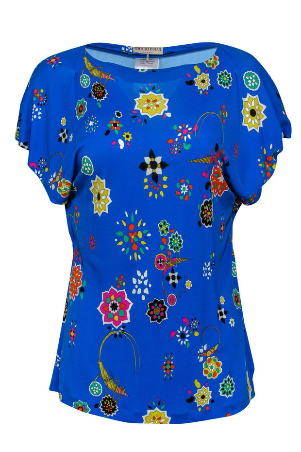 Current Boutique-Emilio Pucci - Blue Geometric & Grasshopper Print Short Sleeve Shirt Sz M