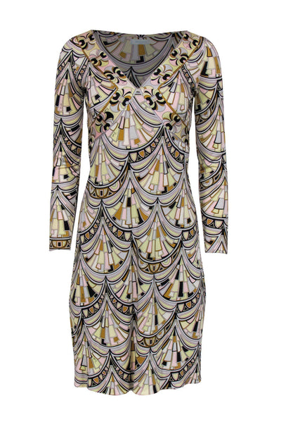 Current Boutique-Emilio Pucci - Pastel Printed Silk V-Neck Sheath Dress Sz 4