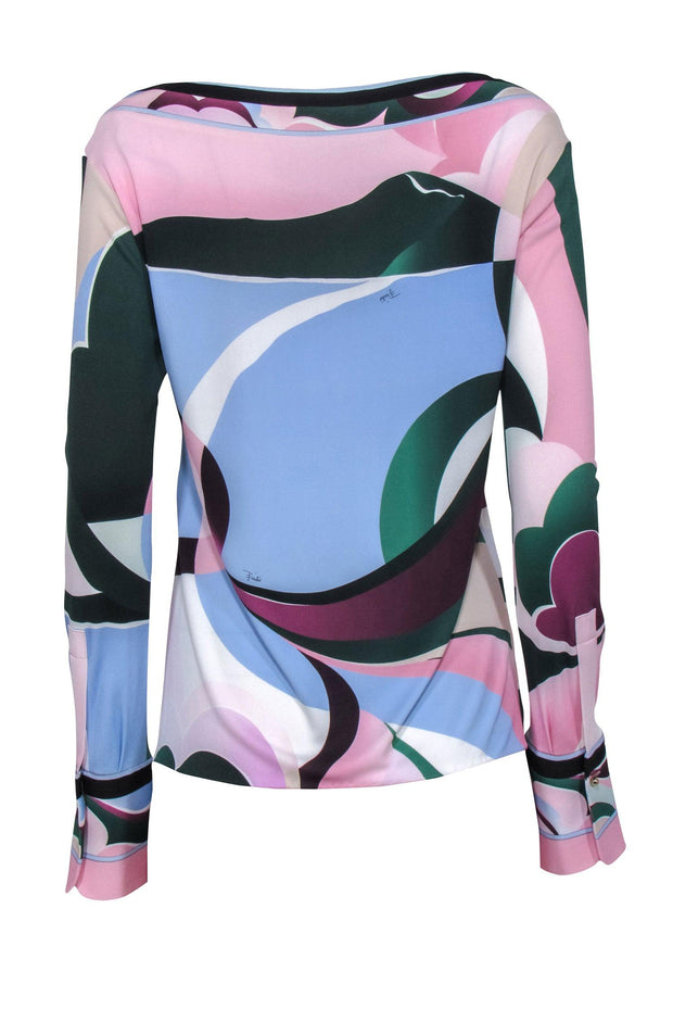 Current Boutique-Emilio Pucci - Pink, Green, & Purple Abstract Print Jersey Fitted Long Sleeve Top Sz 12