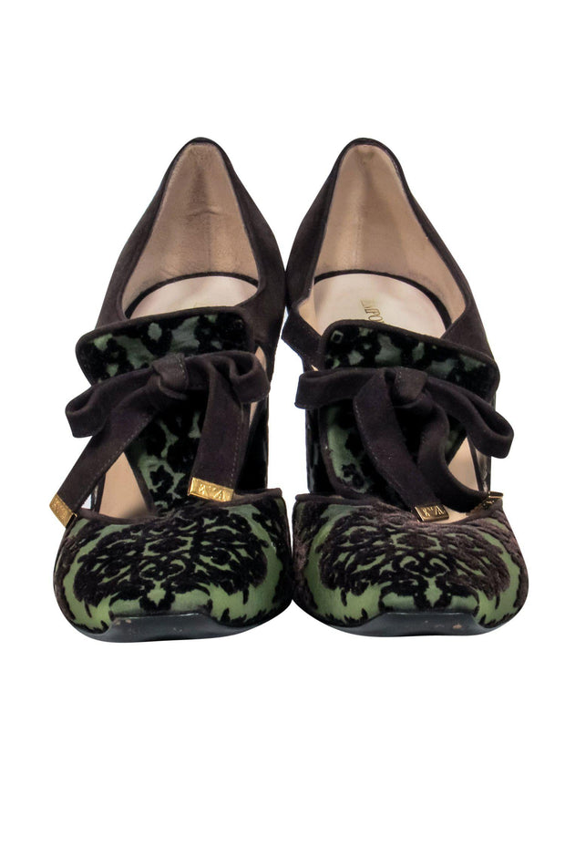 Current Boutique-Emporio Armani - Green & Brown Velvet Brocade Pumps w/ Cutouts Sz 9.5