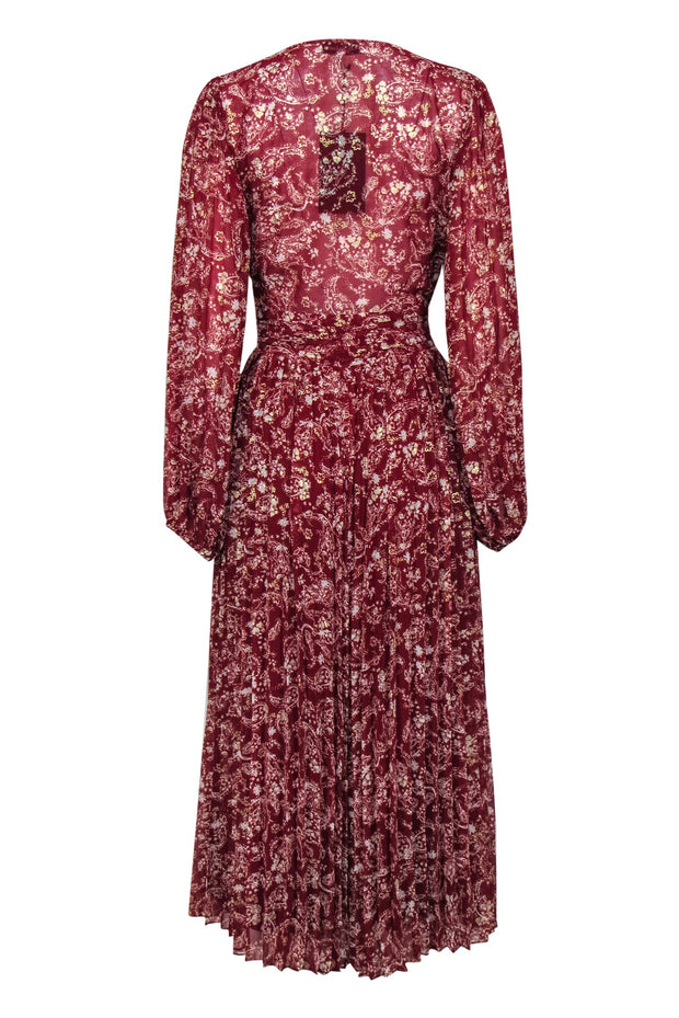 Current Boutique-En Saison - Maroon Pleated Maxi Dress w/ Metallic Paisley Print Sz L