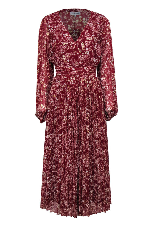 Current Boutique-En Saison - Maroon Pleated Maxi Dress w/ Metallic Paisley Print Sz L