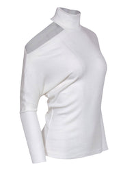 Current Boutique-Enza Costa - White Ribbed Turtleneck "Heather" Sweater w/ Cold Shoulder Cutout Sz S