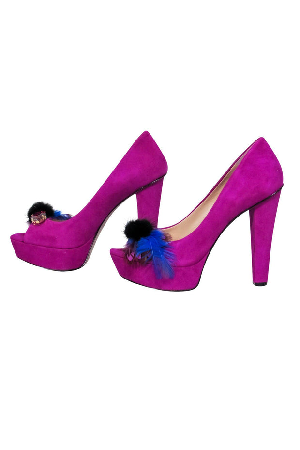 Current Boutique-Enzo Angiolini - Magenta Suede Peep Toe Platform Pumps w/ Feathers & Rhinestones Sz 5.5