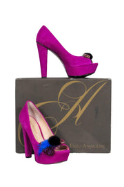 Current Boutique-Enzo Angiolini - Magenta Suede Peep Toe Platform Pumps w/ Feathers & Rhinestones Sz 5.5