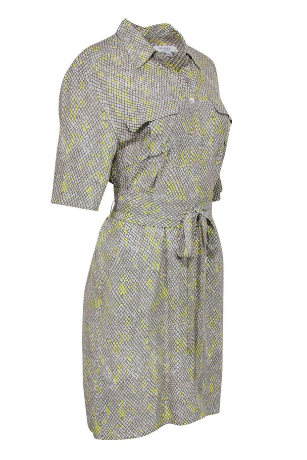 Current Boutique-Equipment - Beige, Green & Yellow Snakeskin Print Belted "Axelle" Shirt Dress Sz 8