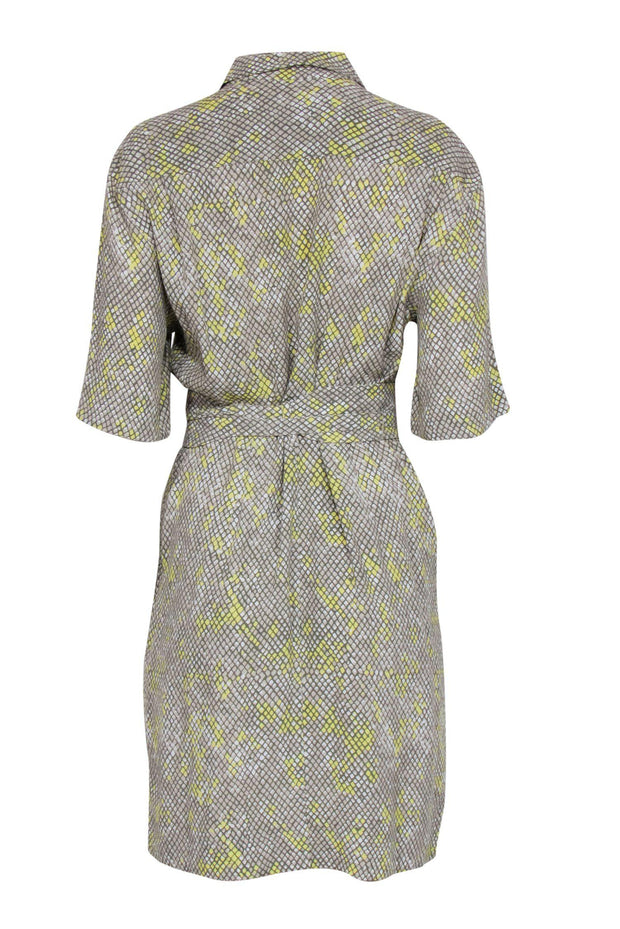 Current Boutique-Equipment - Beige, Green & Yellow Snakeskin Print Belted "Axelle" Shirt Dress Sz 8