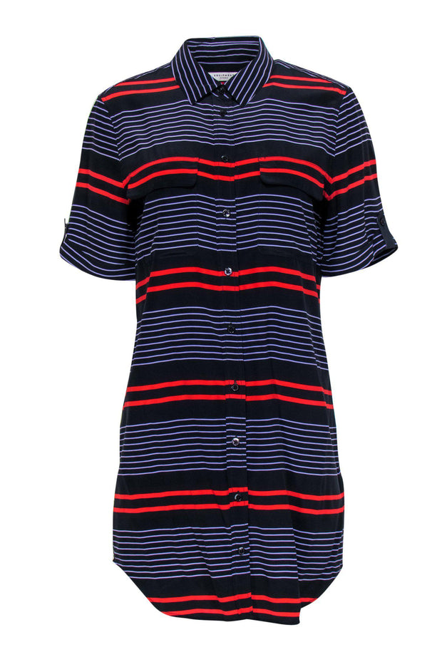 Current Boutique-Equipment - Black Striped Silk Short Sleeve Shirt Dress Sz S