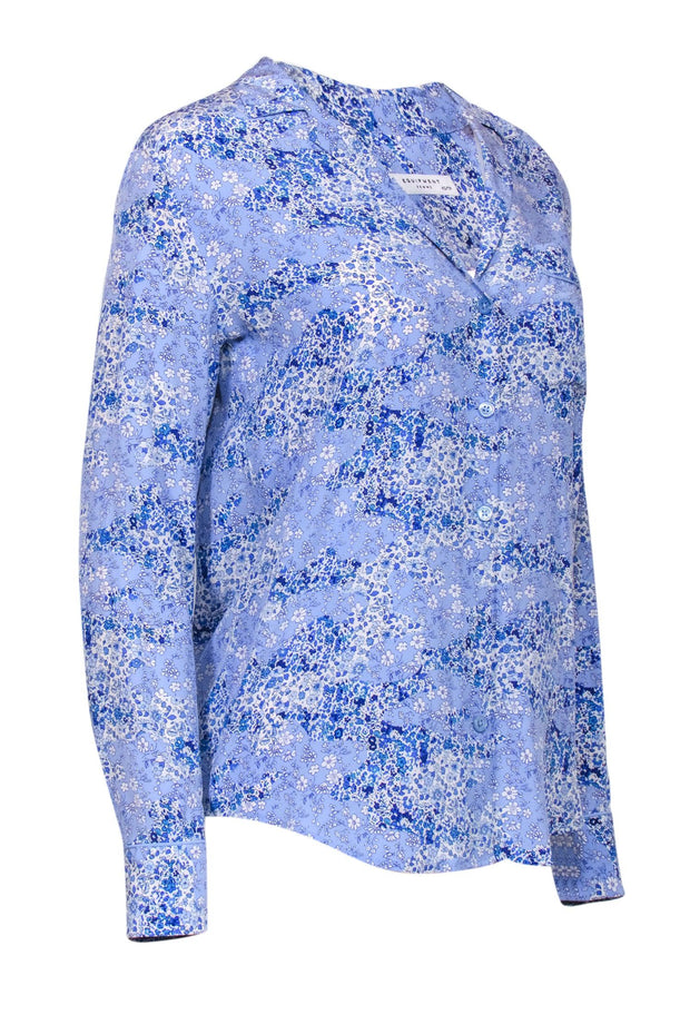 Current Boutique-Equipment - Blue Floral Long Sleeve Silk Button Up Blouse Sz XS