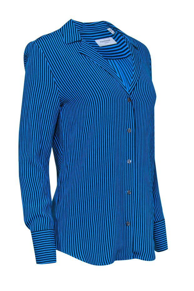 Current Boutique-Equipment - Cerulean Blue & Black Striped Button-Up "Oriana" Blouse Sz S