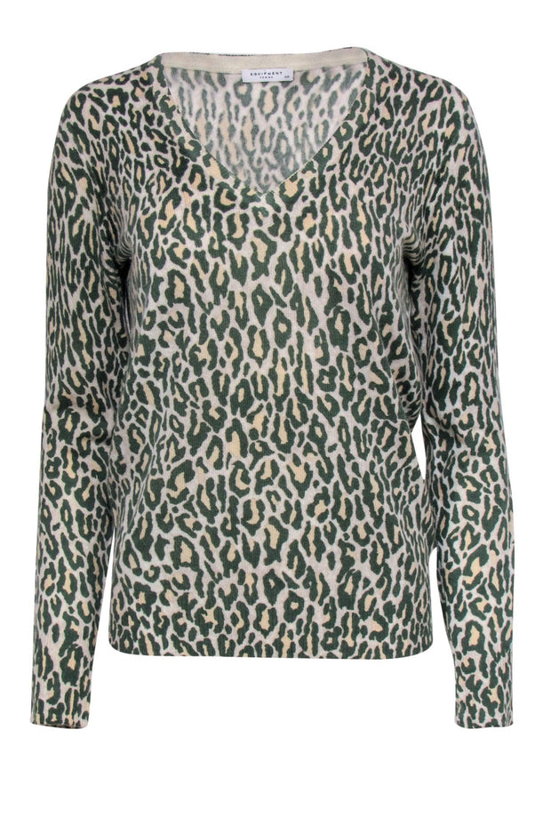 Current Boutique-Equipment - Cream & Green Leopard Print Cashmere V-Neck Sweater Sz S