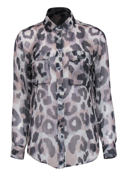 Current Boutique-Equipment - Grey Leopard Sheer Silk Long Sleeve Shirt XS