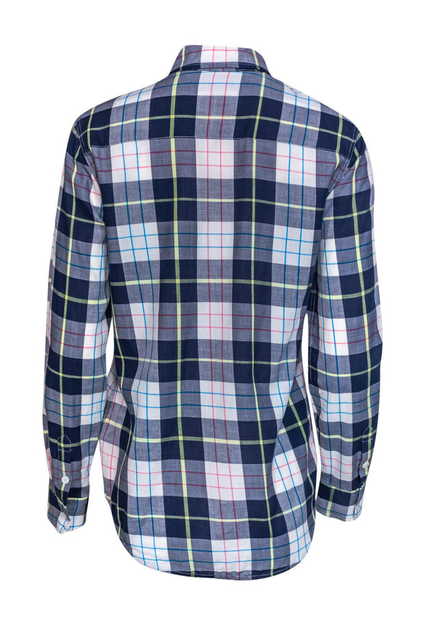 Current Boutique-Equipment - Navy Blue Plaid Silk Button Down Sz S