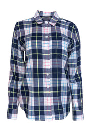 Current Boutique-Equipment - Navy Blue Plaid Silk Button Down Sz S