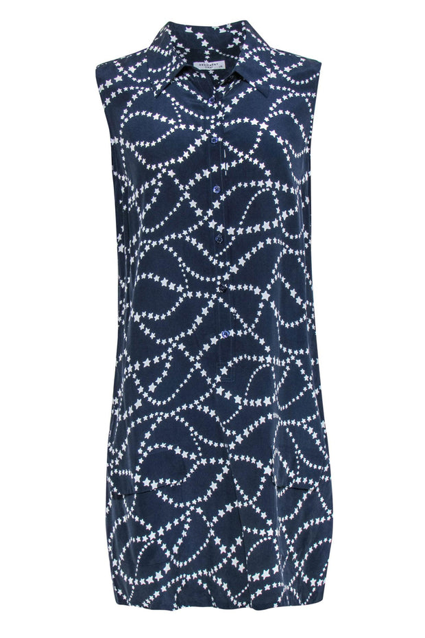 Current Boutique-Equipment - Navy & White Star Print Sleeveless Button-Up Silk Shirt Dress Sz L