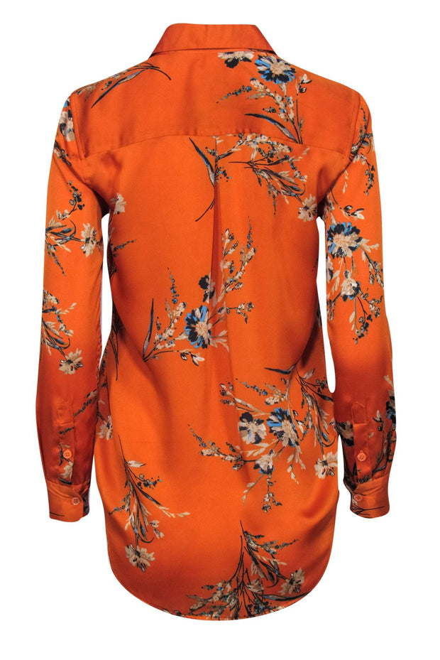 Current Boutique-Equipment - Orange Floral Printed Satin Button-Front Blouse Sz XXS