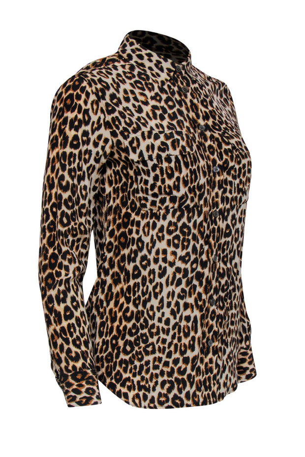 Current Boutique-Equipment - Tan & Brown Leopard Print Silk Collard Blouse Sz XS