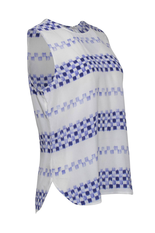 Current Boutique-Equipment - White & Blue Brushstroke Checkered Print Silk Tank Sz M